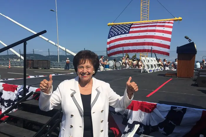 A photograph of Nita Lowey giving two thumbs up at the opening of the Mario M. Cuomo Bridge.